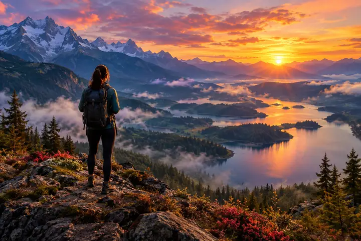 Paisagem atmosférica e colorida transformada em uma arte digital refinada.