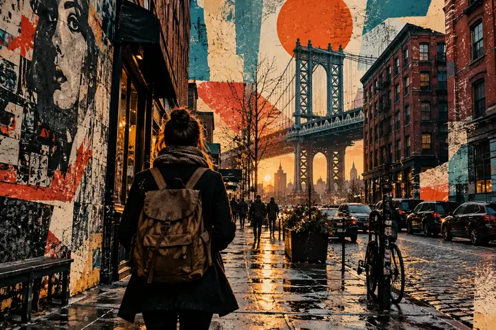 Cena urbana transformada em um pôster ilustrado marcante com textura em camadas.