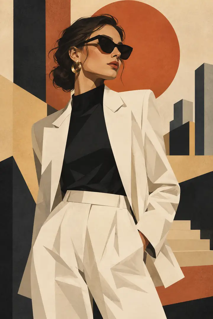 Retrato de moda transformado em uma ilustração editorial gráfica com formas geométricas limpas.