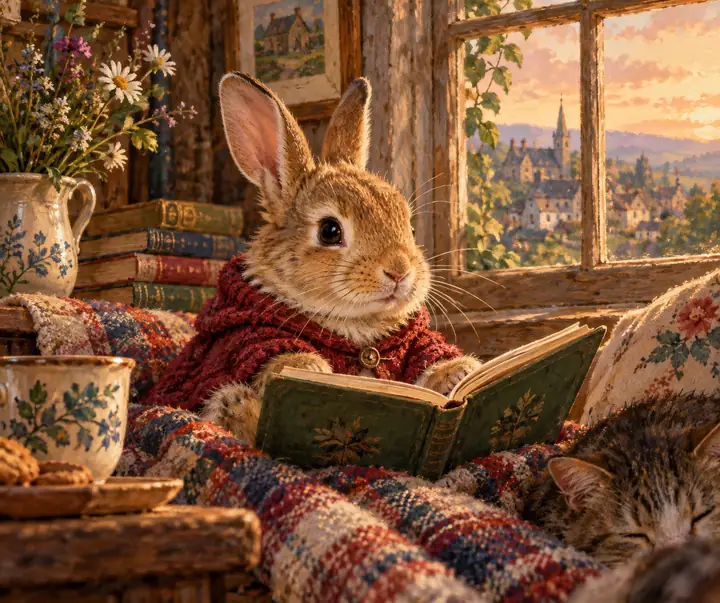 Retrato de um animal pequeno reinventado como uma encantadora pintura de livro de histórias com textura acolhedora.