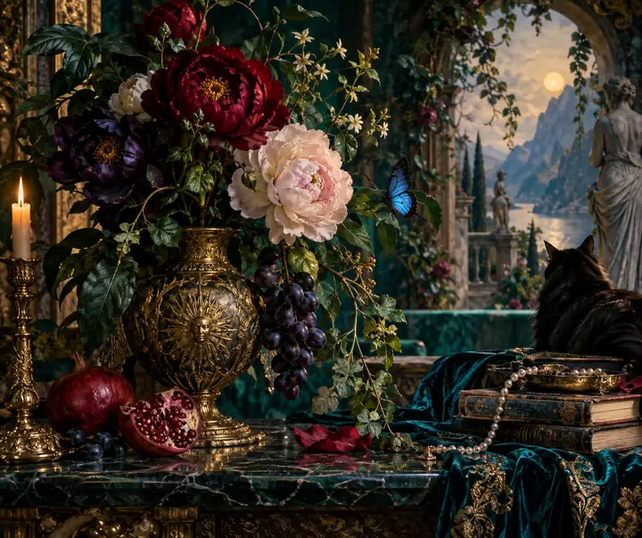 Natureza-morta botânica transformada em uma obra de arte surreal ornamentada com ricos tons de pedras preciosas.