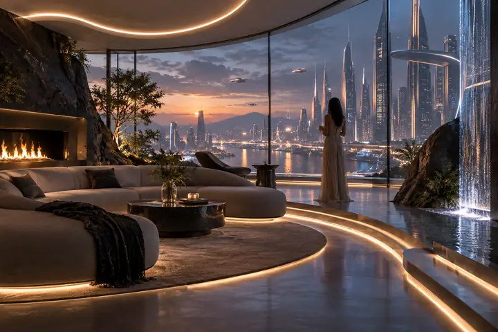 Interior arquitetônico reestilizado como um ambiente futurista de conceito com detalhes luminosos.