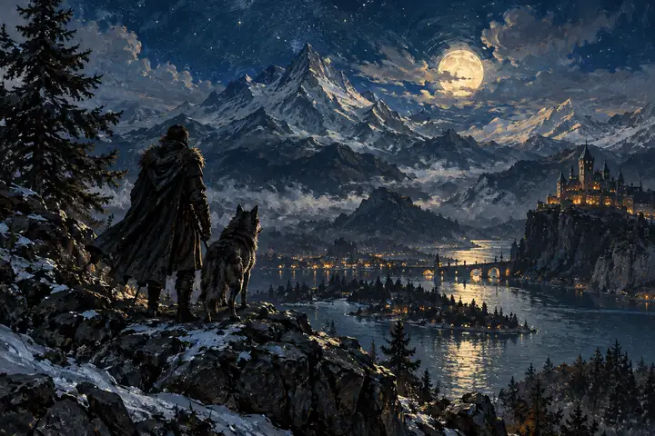 Cena montanhosa noturna transformada em um panorama de fantasia texturizado e pintado à mão.