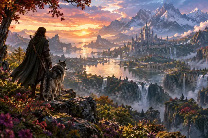 Ambiente de jogo de fantasia com estilo pictórico, repleto de cores vibrantes e profundidade atmosférica.