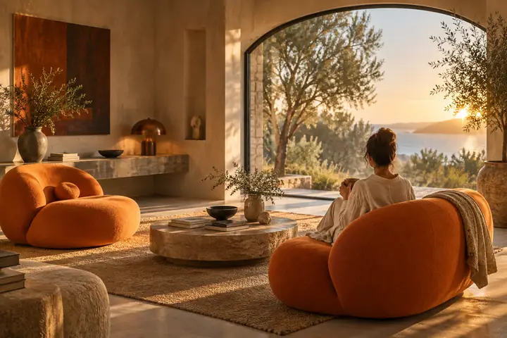 Interior moderno e acolhedor com móveis esculturais laranja e luz natural suave.