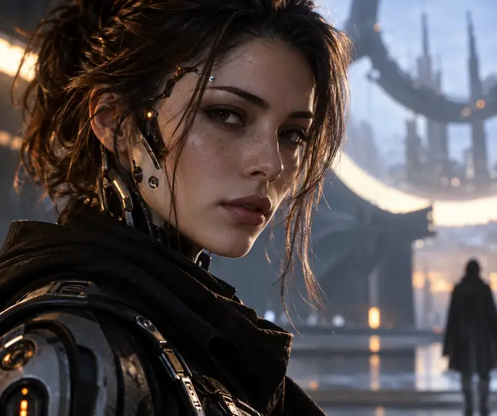 Retrato de personagem futurista com detalhes mecânicos sutis e iluminação dramática.
