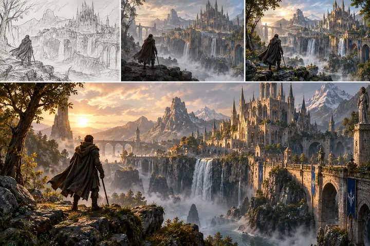 Conceito de ambiente de jogo de fantasia ricamente detalhado, apresentado como um design visual em evolução, do esboço à arte finalizada.