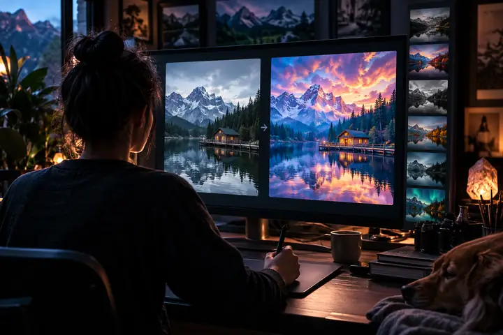 Interface escura de editor de imagens com campo de prompt, controles de estilo e uma prévia colorida da transformação.