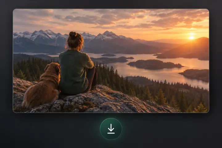 Imagem gerada por IA finalizada, exibida em um painel de revisão limpo com uma ação de download em destaque.