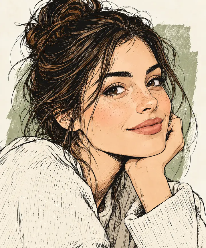 O mesmo retrato recriado como uma ilustração gráfica nítida, com linhas de tinta expressivas.