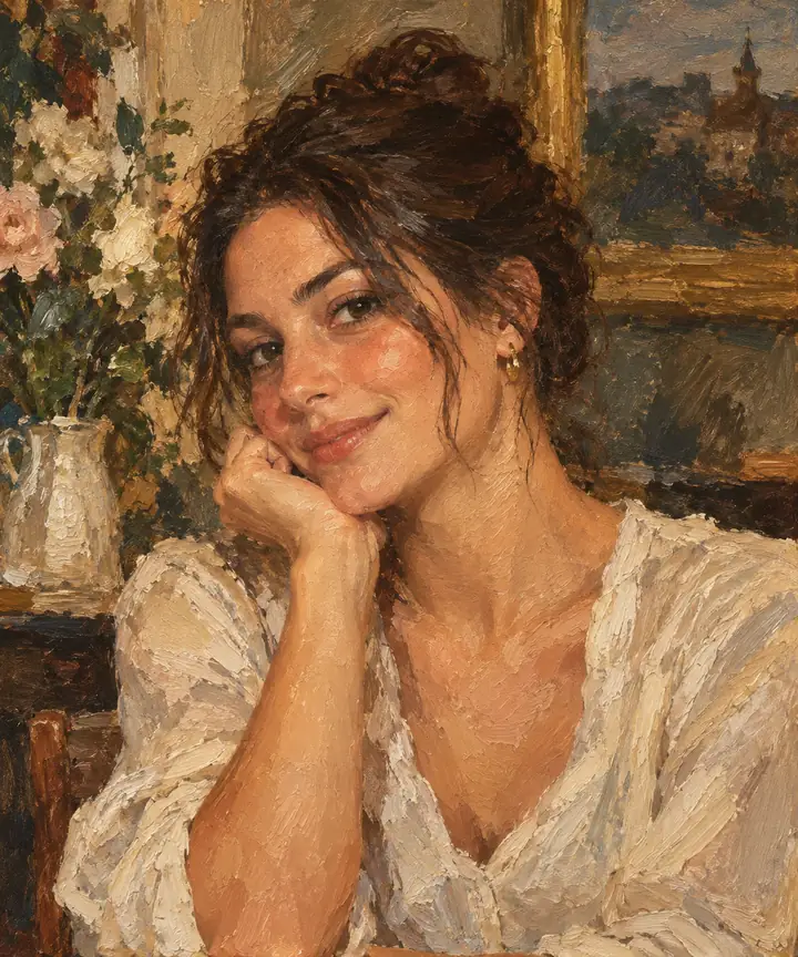 O mesmo retrato convertido em uma pintura de galeria texturizada, com pinceladas quentes.
