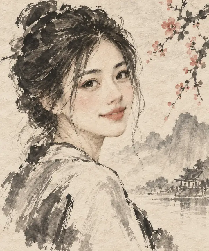 O mesmo retrato reestilizado como uma delicada obra tradicional em tinta e aguada.