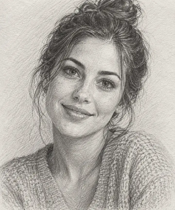 O mesmo retrato renderizado como um desenho detalhado a lápis monocromático sobre papel texturizado.